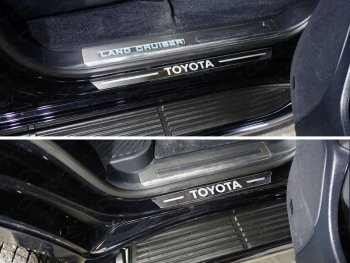 3 499 р. Накладки на пороги (4 шт) ТСС Тюнинг  Toyota Land Cruiser  200 (2015-2021) (лист зеркальный надпись Toyota). Увеличить фотографию 1