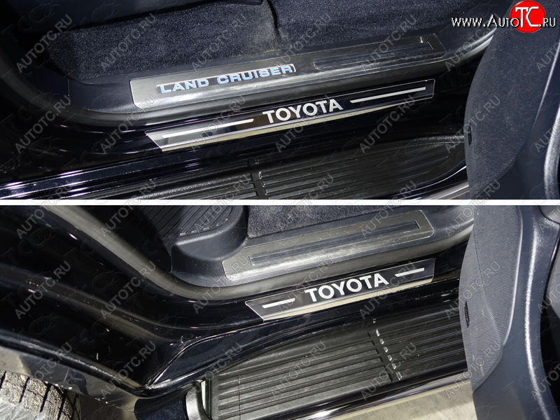 3 099 р. Накладки на пороги с гибом ТСС Тюнинг  Toyota Land Cruiser  200 (2015-2021) (лист зеркальный надпись Toyota)