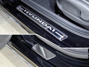 3 899 р. Накладки на порожки салона (4 шт) ТСС Тюнинг  Hyundai Solaris  2 (2017-2020) (лист зеркальный, надпись Hyundai). Увеличить фотографию 1