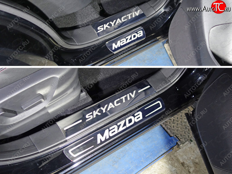 3 499 р. Накладки на пластиковые пороги ТСС Тюнинг  Mazda CX-5  KE (2015-2017) (лист зеркальный надпись SKYACTIV)
