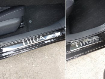 Накладки на пороги лист зеркальный надпись Tiida, ТСС Тюнинг Nissan Tiida 2 хэтчбек C13 дорестайлинг (2015-2016)
