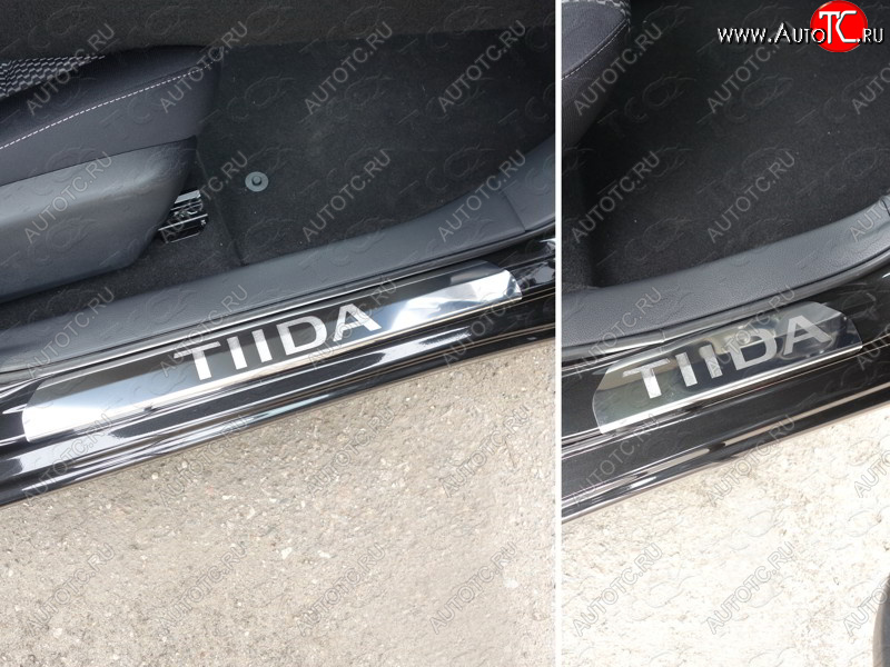 3 279 р. Накладки на пороги ТСС Тюнинг  Nissan Tiida  2 хэтчбек (2015-2016) (лист зеркальный надпись Tiida)