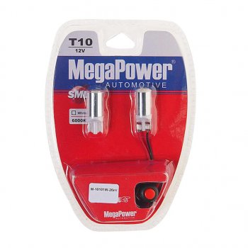 299 р. Лампа светодиодная 12V W5W T10 W2.1x9.5d 6000K с тестером блистер (2шт.) MEGAPOWER (10101w-2блт). Увеличить фотографию 1