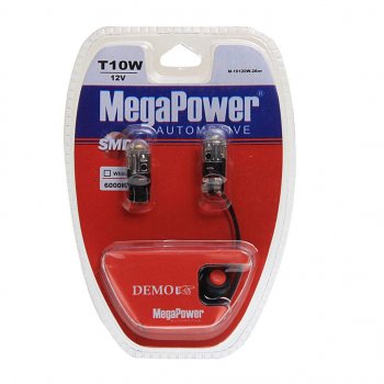 569 р. Лампа светодиодная 12V W5W T10 W2.1x9.5d 6000K с тестером блистер (2шт.) MEGAPOWER (10120w-2блт). Увеличить фотографию 1