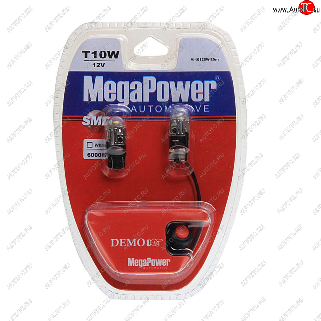 569 р. Лампа светодиодная 12V W5W T10 W2.1x9.5d 6000K с тестером блистер (2шт.) MEGAPOWER (10120w-2блт)