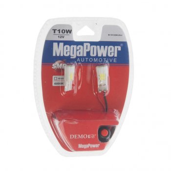 299 р. Лампа светодиодная 12V W5W T10 W2.1x9.5d 6000K 6 LED блистер (2шт.) MEGAPOWER (10122w-2блт). Увеличить фотографию 1