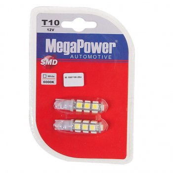 269 р. Лампа светодиодная 12V W5W T10 W2.1x9.5d 6000K 13 LED блистер (2шт.) MEGAPOWER (10811w-2бл). Увеличить фотографию 1