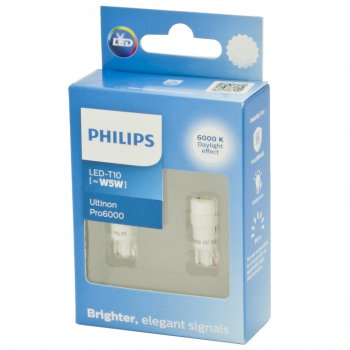 1 829 р. Лампа светодиодная 12V W5W T10W W2.1х9.5d 6000K 90Лм (2шт.) Led White Ultinon Pro6000 PHILIPS PHILIPS 11961cu60x2 (11961cu60x2). Увеличить фотографию 2