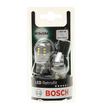 1 539 р. Лампа светодиодная 12V W21W W3x16d 6000K блистер (2шт.) Retrofit BOSCH (1987301524). Увеличить фотографию 1