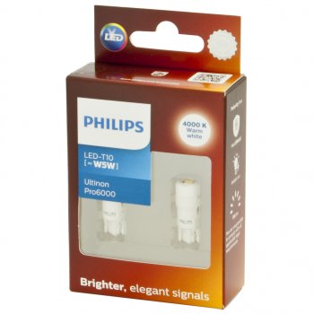 1 829 р. Лампа светодиодная 24V W5W T10W W2.1х9.5d 4000K 110Лм (2шт.) Led White Ultinon Pro6000 PHILIPS PHILIPS 24961wu60x2 (24961wu60x2). Увеличить фотографию 2