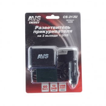 499 р. Разветвитель прикуривателя 2-х гнездовой 12-24V 1USB AVS (43256). Увеличить фотографию 1