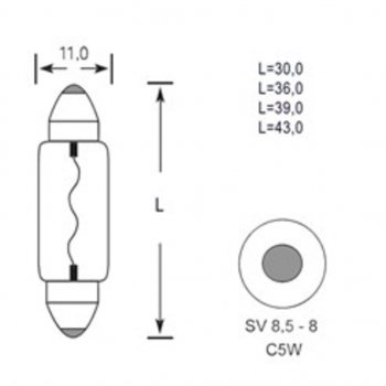 34 р. Лампа 12V C5W SV8.5-8 30мм 40лм TESLAFT (Россия) (4631111143094). Увеличить фотографию 2