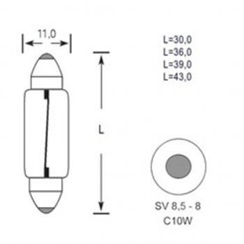 35 р. Лампа 12V C10W SV8.5-8 30мм 110лм TESLAFT (Россия) (4631111143179). Увеличить фотографию 2