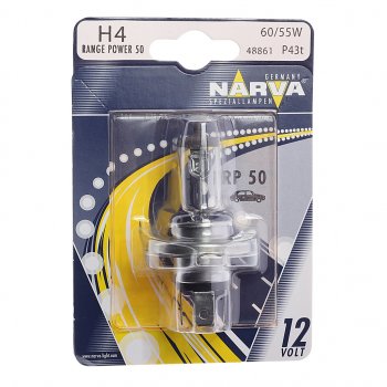 489 р. Лампа 12V H4 60/55W P43t-38 +50% блистер (1шт.) Range Power 50+ NARVA NARVA 488614000 (488614000). Увеличить фотографию 1