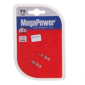 35 р. Лампа светодиодная 12V T5 W2x4.6d 6000K бесцокольная блистер (2шт.) MEGAPOWER MEGAPOWER-AUTOMOTIVE 50112w-2бл (50112w-2бл). Увеличить фотографию 1