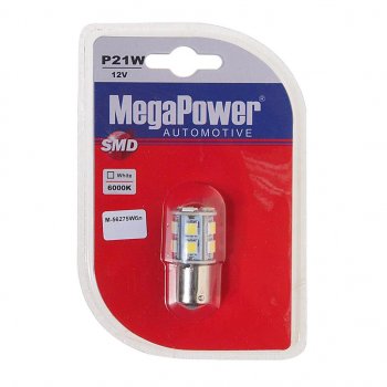 219 р. Лампа светодиодная 12V P21W BA15s 6000K 13 светодиодов блистер (1шт.) MEGAPOWER (56275wбл). Увеличить фотографию 1