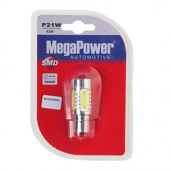 889 р. Лампа светодиодная 12V P21W BA15s 6000K 5 светодиодов блистер (1шт.) MEGAPOWER (56285wбл). Увеличить фотографию 1