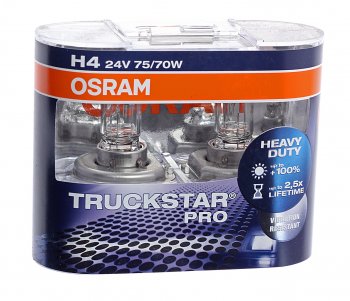 1 339 р. Лампа 24V H4 7570W P43t-38 +120% бокс (2шт.) Truck Star Pro OSRAM (64196tsp-hcb). Увеличить фотографию 1