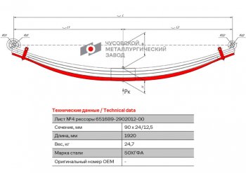 10 649 р. Лист рессоры МАЗ-6516 передней №4 с хомутами L=1920мм ЧМЗ (6516b9-2902050). Увеличить фотографию 1