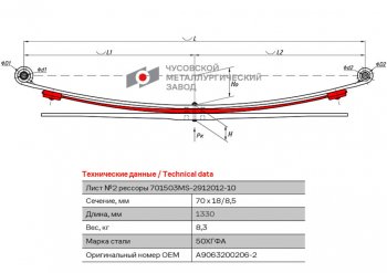 8 899 р. Лист рессоры MERCEDES Sprinter 509-519 VW Crafter (06-15) задней №2 (3 листа) L=1330мм ЧМЗ (701503ms-2912102-10). Увеличить фотографию 1