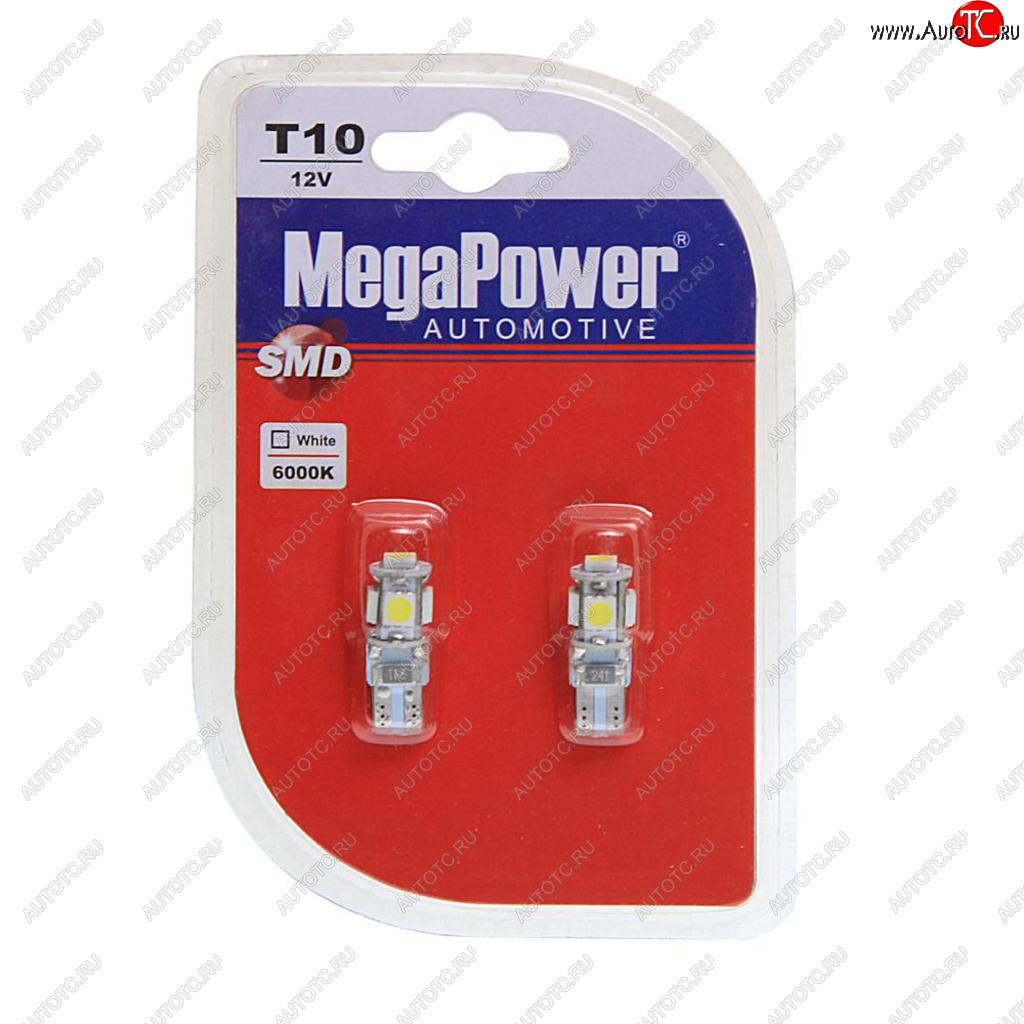 399 р. Лампа светодиодная 12V W5W T10 W2.1x9.5d 6000K 9 LED блистер (2шт.) MEGAPOWER (70215w-2бл)