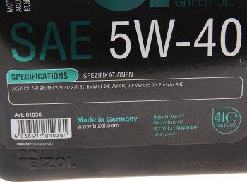 5 399 р. Масло моторное GREEN Oil+ 5W40 синт.4л BIZOL BIZOL 81036 (81036). Увеличить фотографию 2