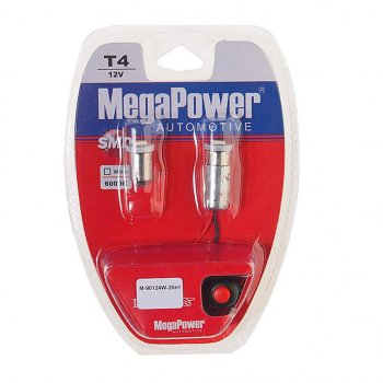 114 р. Лампа светодиодная 12V T4W BA9s 6000K блистер (2шт.) с тестером MEGAPOWER (90124w-2блт). Увеличить фотографию 1