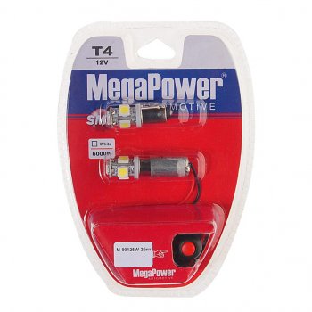 199 р. Лампа светодиодная 12V T4W BA9s 6000K 5 светодиодов блистер (2шт.) с тестером MEGAPOWER (90125w-2блт). Увеличить фотографию 1