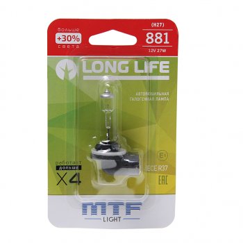 389 р. Лампа 12V H27(881) 27W +30% блистер (1шт.) Long Life MTF (hll1281b). Увеличить фотографию 1