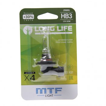 399 р. Лампа 12V HB3 65W P20d +30% блистер (1шт.) Long Life MTF (hll12b3b). Увеличить фотографию 1