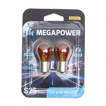 93 р. Лампа 12V PY21W BAU15s блистер (2шт.) Standart MEGAPOWER (370-33-059). Увеличить фотографию 1