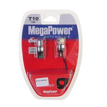 269 р. Лампа светодиодная 12V W5W T10 W2.1x9.5d 6000K 3 LED с тестером блистер (2шт.) MEGAPOWER (10112w-2блт). Увеличить фотографию 1