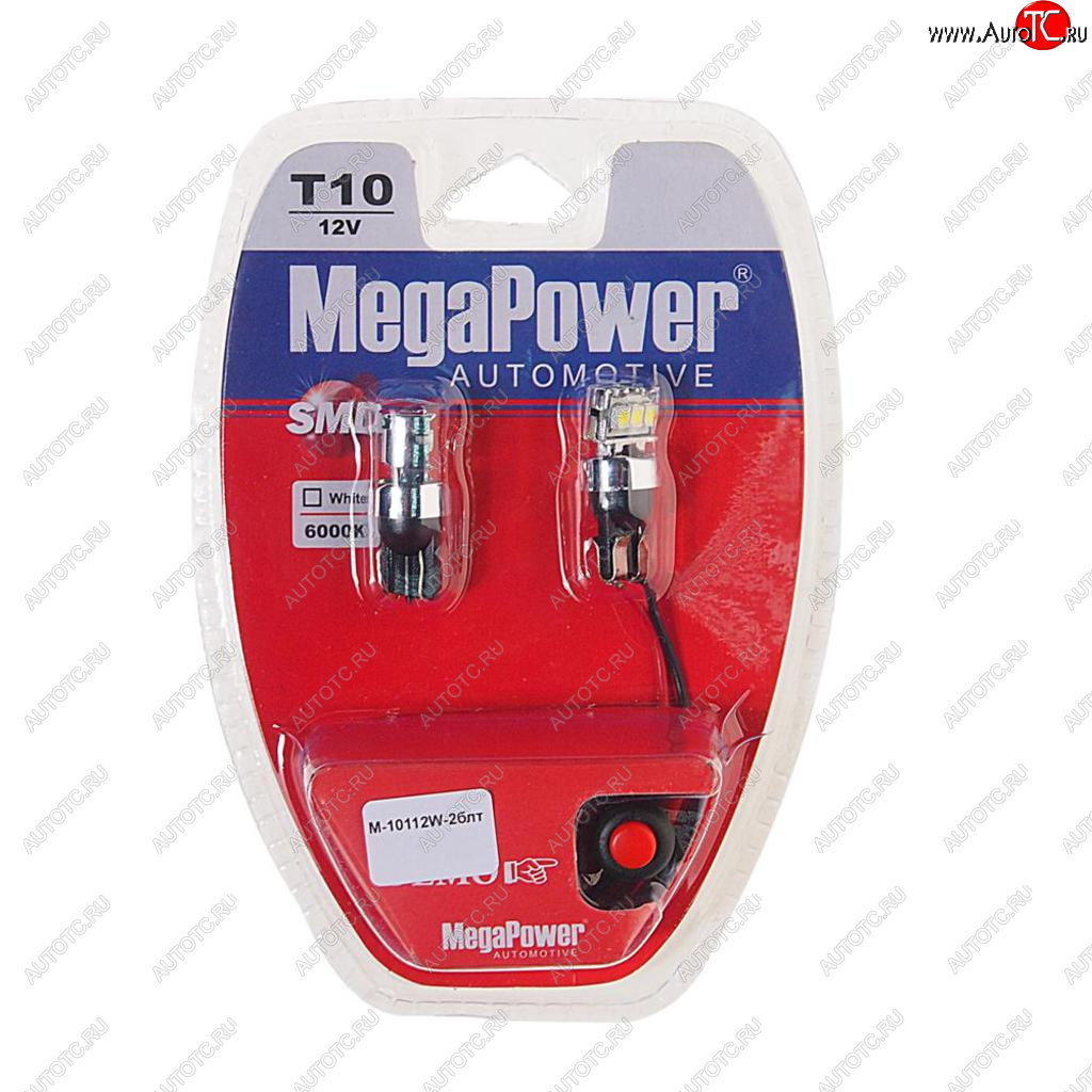 269 р. Лампа светодиодная 12V W5W T10 W2.1x9.5d 6000K 3 LED с тестером блистер (2шт.) MEGAPOWER (10112w-2блт)