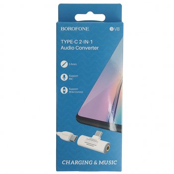 277 р. Переходник USB Type C на jack 3.5 + зарядка белый BOROFONE (bv8 white). Увеличить фотографию 3