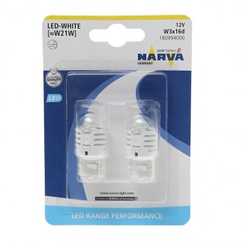 1 199 р. Лампа светодиодная 12V W21W 1.75W W3x16d 6500K блистер (2шт.) White Range Perfomance LED NARVA (180994000). Увеличить фотографию 1