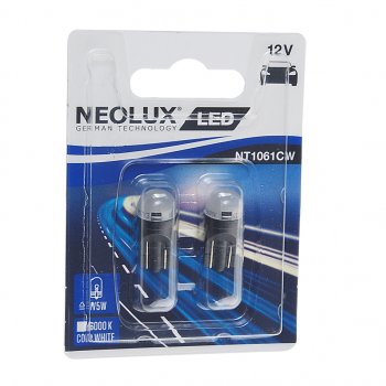 639 р. Лампа светодиодная 12V W5W T10W W2.1x9.5d 6000K 35лм блистер (2шт.) LED Cool White NEOLUX (nt1061cw-02b). Увеличить фотографию 1