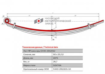 10 099 р. Лист рессоры МАЗ-5440 задней №1 с витым ушком L=1975мм ЧМЗ (5440-2912101-10). Увеличить фотографию 1