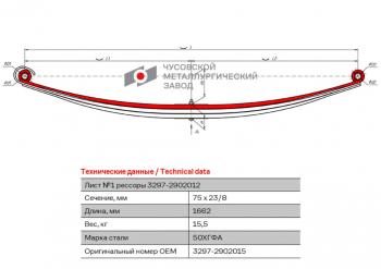 10 749 р. Лист рессоры КАМАЗ-3297 передней №1 L=1662мм ЧМЗ (3297-2902015). Увеличить фотографию 1