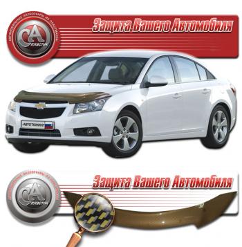 2 299 р. Дефлектор капота CA-Plastiс  Chevrolet Cruze  J300 (2009-2015) седан дорестайлинг, седан рестайлинг (серия Шелкография карбон золото). Увеличить фотографию 1