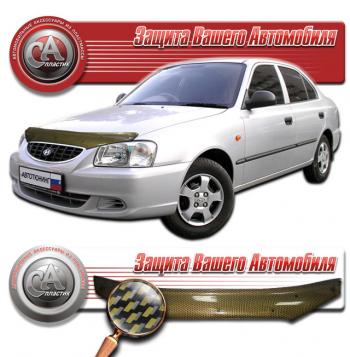 2 299 р. Дефлектор капота CA-Plastiс  Hyundai Accent ( X3,  MC) (1997-2011) седан рестайлинг, седан, хэтчбек (серия Шелкография карбон золото). Увеличить фотографию 1