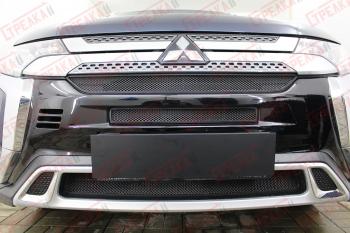 6 199 р. Защита радиатора (3 части с парктроником) Стрелка11 Стандарт Mitsubishi Outlander GF 3-ий рестайлинг (2018-2022) (черная). Увеличить фотографию 1