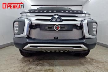 3 599 р. Защита радиатора (с камерой) Стрелка11 Стандарт  Mitsubishi Pajero Sport  QF (2019-2022) рестайлинг (черная). Увеличить фотографию 1