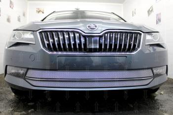 4 799 р. Защита радиатора (2 части) Стрелка11 Стандарт  Skoda Superb ( B8 (3V),  B8 (3V5)) (2015-2019) лифтбэк дорестайлинг, универсал дорестайлинг (хром). Увеличить фотографию 2