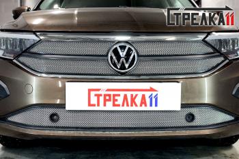 2 669 р. Защита радиатора (низ с парктроникам) Стрелка11 Стандарт  Volkswagen Polo  Mk6 (2020-2022) лифтбек (хром). Увеличить фотографию 1