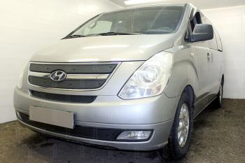 1 199 р. Зимняя заглушка решетки радиатора (верх 3 части) Стрелка11  Hyundai Starex/Grand Starex/H1  TQ (2007-2013) дорестайлинг (черная). Увеличить фотографию 1