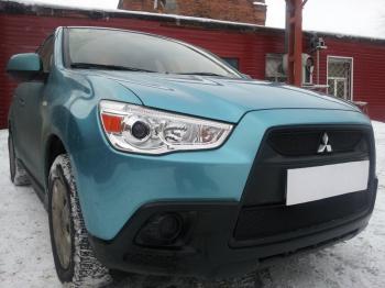 599 р. Зимняя заглушка решетки радиатора (верх, 2 части) Стрелка11  Mitsubishi ASX (2010-2012) дорестайлинг (черная). Увеличить фотографию 2