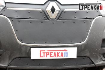 599 р. Зимняя заглушка решетки радиатора (верх, 2 части) Стрелка11  Renault Master  FV,JV (2019-2024) фургон 2-ой рестайлинг (черная). Увеличить фотографию 1