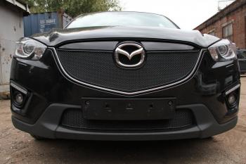 599 р. Зимняя заглушка решетки радиатора (с парктроником) PREMIUM Стрелка11  Mazda CX-5  KE (2011-2014) дорестайлинг (черная). Увеличить фотографию 2