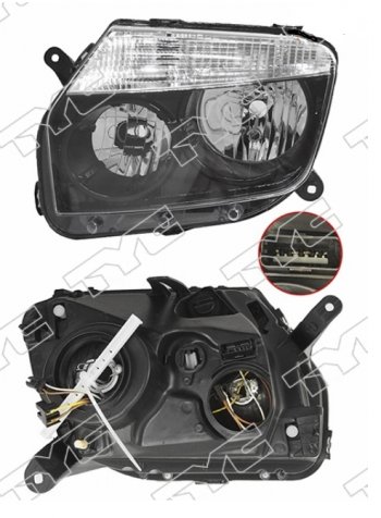 7 299 р. Левая фара (чёрная, под электрокорректор) TYC  Renault Duster  HS (2010-2015). Увеличить фотографию 1