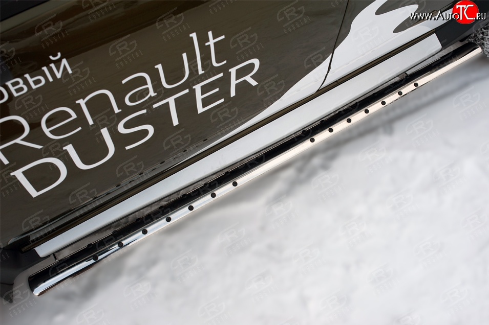 21 749 р. Защита порогов с круглыми вставками для ног из овальной трубы диаметром 75x42 мм (рестайлинг) Russtal Renault Duster HS дорестайлинг (2010-2015)